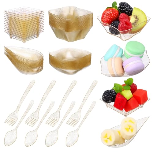 200 Pcs Mini Appetizer Plates Dessert Cups Set, Plastic Party Trays | Disposable Tasting Serveware for Weddings Events Birthday, Gold,6 Shapes with 50 Spoons 50 Forks 100 Plates,Lightweight