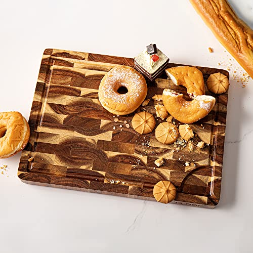 End Grain Butcher Block 15"x11", Premium Acacia Wood Cutting Board with Juice Groove, TJ POP Medium Chopping Board for Kitchen, 1.2" Thick - color: End grain-rectangle