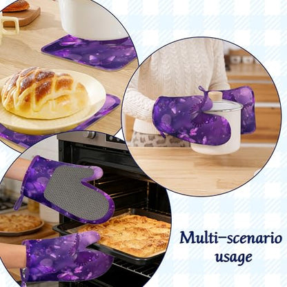Purple Butterfly Oven Mitts and Pot Holders Sparkling Abstract Silicone Kitchen Accessories Set of 4 Heat Resistant Non-Slip Long Gloves Potholder for Chef Cooking Baking Gifts Women Men - color: Purple Butterfly,sparkling Abstract