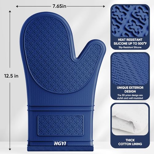 Silicone Oven Mitts, Heat Resistant Oven Gloves with Quilted Liner, Waterproof & Non-Slip Kitchen Mittens for Baking Cooking BBQ, 500°F, 12.5"-Madnight Blue - color: Madnight Blue