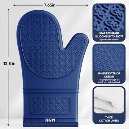 Silicone Oven Mitts, Heat Resistant Oven Gloves with Quilted Liner, Waterproof & Non-Slip Kitchen Mittens for Baking Cooking BBQ, 500°F, 12.5"-Madnight Blue - color: Madnight Blue