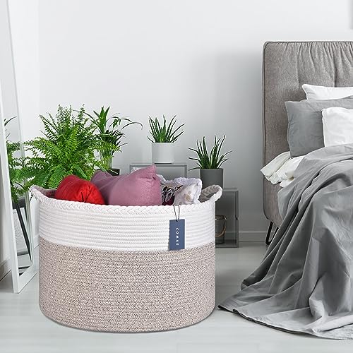 COMSE XXXLarge Woven Blanket & Laundry Basket, 87L, White & Light Brown | 21.7" x 13.8", Cotton Rope, Nursery Hamper for Storage of Toys Clothes Towels, Ideal for Living Room Bedroom Bathroom - color: White & Light Brown