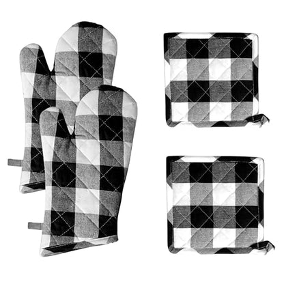 Native Fab Buffalo Plaid Check Oven Mitts and Pot Holders Set of 4, 100% Cotton Heat Resistant Kitchen Gloves, 2 Oven Mitts (7x13), 2 Pot Holders (8x8) for Cooking & Baking, Black White - color: Buffalo, Black