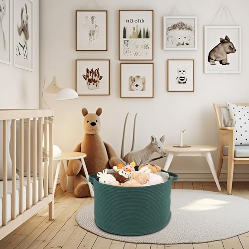 XUANGUO Extra Large Cotton Rope Round Storage Basket 22" x 14" Dark Green | Woven basket for blankets, toys, towels, laundry, nursery, living room and pet toy storage. - color: dark green