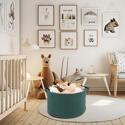 XUANGUO Extra Large Cotton Rope Round Storage Basket 22" x 14" Dark Green | Woven basket for blankets, toys, towels, laundry, nursery, living room and pet toy storage. - color: dark green