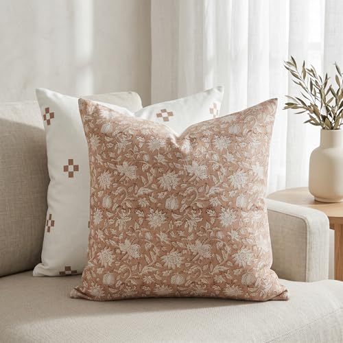 Pack of 2 Floral Pillow Covers 20x20 Double Sided Vintage Block Print Pillow Covers Farmhouse Decorative Couch Pillows for Sofa, Living Room, Neutral Botanical Accent Cushion Covers (2, tan, 20X20) - color: Tan, size: 20" x 20" (Pack of 2)