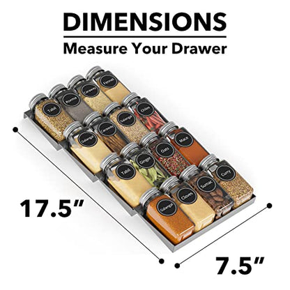 SpaceAid Spice Drawer Organizer with 16 Spice Jars, 386 Spice Labels, 4 Tier Seasoning Rack Tray Insert for Kitchen Drawers, 7.5" Wide x 17.5" Deep - size: 16 Jars, 7.5" Wide