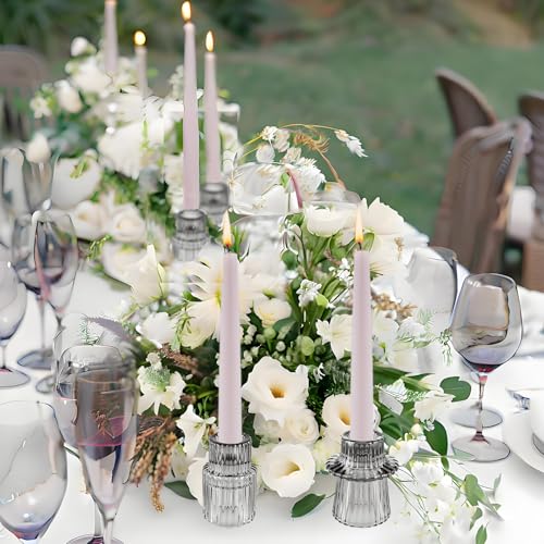 Glass Candlestick Holders, Taper Candle Holders, Set of 6, Gray | Double-sided ribbed glass taper candle holders for wedding centerpieces, parties, Christmas,Halloween, and home deco - color: Gray, size: 6 PCS
