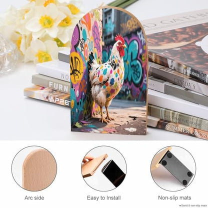 Personalized Wood Book Ends Metal Base Graffiti Chicken Street Art Printing Bookend Modern Heavy Duty Bookends for Home Or Office 1 Pair - color: Graffiti Chicken Street Art