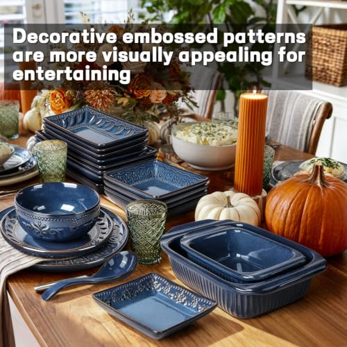 Appetizer Plates Set of 4, 8.25" Embossed Ceramic Rectangular Dessert Plates, Deep Lipped Edges, Microwave & Dishwasher Safe, Salad Sushi Snack Serving Plates (Blue, Willow Leaf) - color: Blue (Willow Leaf), size: 8.25 inch
