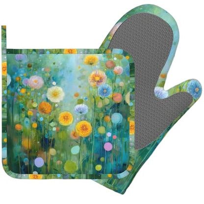 Abstract Oil Painting Flowers Oven Mitts and Pot Holders Sets Non-Slip Silicone Surface for BBQ Gloves,Kitchen,Cooking,Baking,Grilling - color: Abstract Oil Painting Flowers