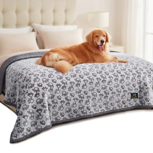 Luciphia Waterproof Dog Blanket Reversible Sherpa Fleece for Large Dogs Cat | Soft Print Pet Blanket Washable Pee Proof, Furniture Protector for Couch Sofa Bed Car, Cozy Throw(85" x 57", Grey) - color: Paw Gray, size: XL (85" x57")