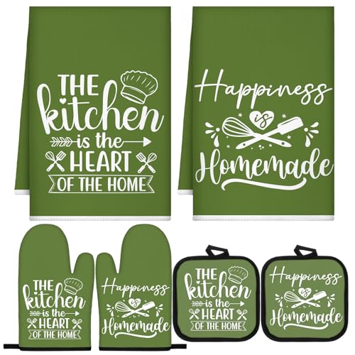 Sratte 6 Pcs Kitchen Decor Accessories Set Farmhouse Towels Pot Holders Oven Mitts Set 2 Dish Towels 2 Potholders 2 Cooking Mittens Oven Glove for Christmas Baking Cooking(Avocado Green,Kitchen) - color: Avocado Green, style: Kitchen