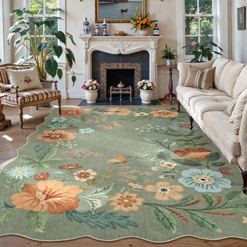 Lahome Floral 9x12 Area Rugs for Living Room Bedroom, Soft Washable Rugs | Stain Resistant Ultra-Thin Non-Slip Boho Dining Room Rug Accent Carpet for Office Flore (9x12ft, Green) - color: Green, size: 9' x 12'(Rectangular)