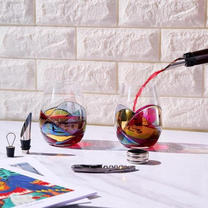Artisanal Hand-Painted Stemless Wine Glasses & Accessories Set with Gift Box – Mother’s Day, Wife, Friends, or Girlfriend – Romantic Stained Glass Windows – Birthday or Housewarming Gift Idea - style: Full Gift Set