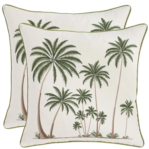Palm Tree Embroidered Throw Pillow Covers 18x18 Pack of 2 | Ocean-Themed,Durable Fabric,Square Pillow Cover,Boho Decorative,Hidden Zipper,Aesthetic Design,Ideal Gift,Machine Washable - color: Tropical Palm Trees Green