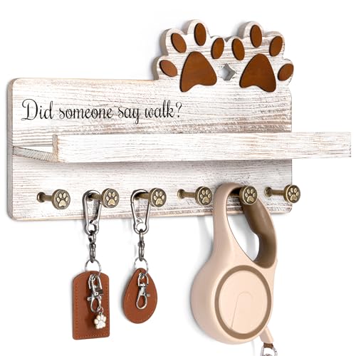 MTERSN Dog Leash Holder for Wall with Shelf for Dog Food & Leash, White | 3D Dog Paw Six Hooks, Adorable Key Rack, Wooden Wall Organizer with Shelf, Pet Leash Storage, Cute Home Accent for Wall Decor - color: White