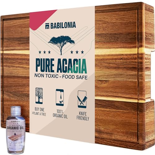 Acacia Wood Cutting Board for Kitchen, Thick Non Toxic Butcher Block | Hard Wood Edge Grain With Juice Groove 16" x 10" (Thick 1.7") Professional Heavy Duty Wooden Chopping Board (Oil Included) - color: Acacia Wood, size: 15.7"L x 10.2"W