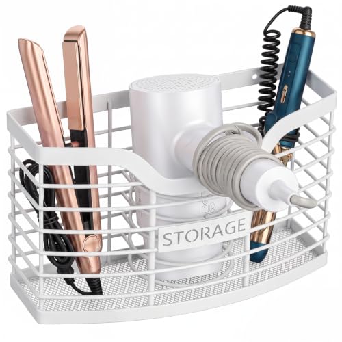 Hair Tool Organizer, Hair Dryer Holder for Bathroom Vanity Counter Cabinet | Dresser Blow Dryer Holder, No Drilling Wall Mount Storage Basket for Blow Dryers, Shaver, Comb, Curling Iron, Straightener - color: White
