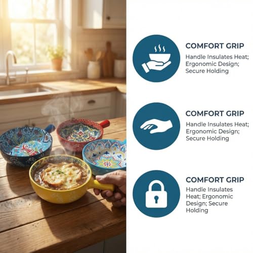 Boho Floral Ceramic Soup Bowls with Handles, 21oz Microwave Oven Safe Set of 4 for Stew, Pasta and Chili - color: Flower
