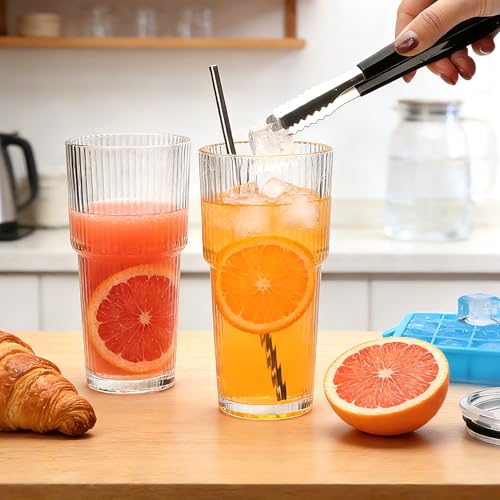Accguan 18oz Ribbed Glass Tumbler with Straw and Lid, 6Pack Glass Cup | Reusable lced Coffee Cups with lids-Glass Cups with Lids for Smoothie,Coffee,Juice,Tea,Travel Mug,Cold & Hot Beverages - size: 18oz without handle-6pcs