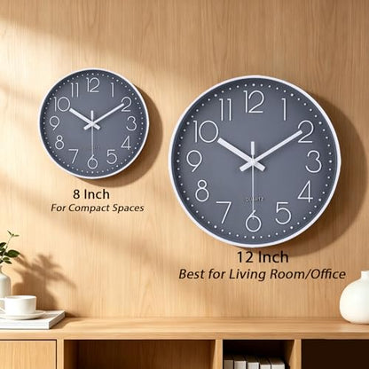 Wall Clock 12 Inch Non-Ticking Silent Battery Operated Round Wall Clock Modern Elegant Simple Style Clock for Home Office Kitchen Bedroom Living Room - color: Gray, size: 12 Inch
