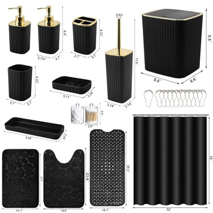 XLHOMO 26PC Bathroom Accessories Set - Gorgeous Black Bathroom Set, Bathroom Accessory Set, Black Shower Curtain Set with Bathtub Mats for Shower Tub - size: Bath Set+Bathtub Mat+Shower Curtain&Rugs, style: Black&Gold