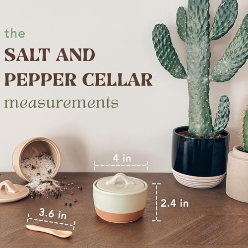 Mora Ceramic Salt and Pepper Cellar Set with Lid - 10 oz Modern Canister/Container/Bowl for Storage, Sea Salt, Spice, Sugar, Countertop - Small Dish/Jar with Wood Spoon, Matcha & Chai Crock - color: Matcha & Chai