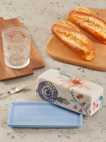 Bico Blossom Symphony Ceramic Butter Dish with Lid, Wide Butter Keeper for Counter, Kitchen Countertop, Microwave and Dishwasher Safe - color: Blossom Symphony