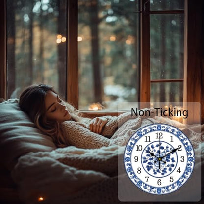 CHGCRAFT 12inch Blue and White Porcelain Pattern Wall Clock Battery Operated Silent Non Ticking Flowers Round Decorative Clock for Office Home Kitchen Decor