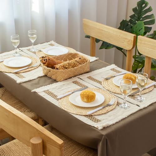 Boho Table Runner & 6-Piece Woven Placemats Set - Natural Cotton Burlap & Water Straw Combination, Bohemian Dining Decor for Kitchen & Parties