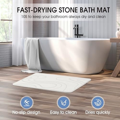 Veeloim Stone Bath Mat Diatomaceous Earth Shower Mat Non-Slip Super Absorbent Diatomite Stone Mats for Bathroom Floor/Kitchen Counter Quick Drying Natural Easy to Clean(23.6''×15.4" White) | Fast Drying, Super Absorbent, Natural Diatomaceous Earth, Non-Sl