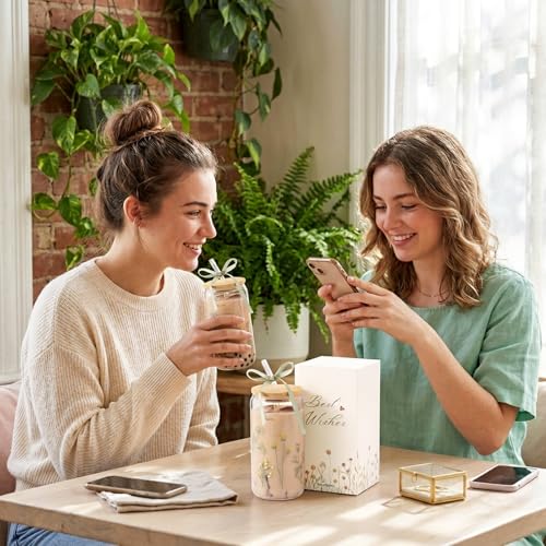 Floral Gifts for Women, Flower Glass Cup with Lid and Straw | Aesthetic Wildflower Iced Coffee Drinking Cup Tumbler stuff for Women Mom Anniversary Birthday Thanksgiving Christmas 16oz - style: Flowers