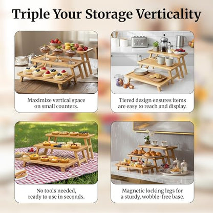 3 Tier Serving Tray, Wooden Tiered Stand for Charcuterie | Tiered wooden food display for cupcakes, cheese and appetizers; ideal for dessert tables, parties, weddings and events.