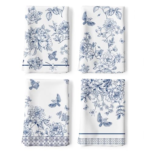 Chinoiserie Bird Tea Towels, 100% Cotton Kitchen Towels, Set of 4 | 18.9 x 27.5 in / 48 x 70 cm, Lightweight Woven Dish Cloth with Chinoiserie Bird Print for Kitchen Decor, Housewarming Gift - color: Blue Bird