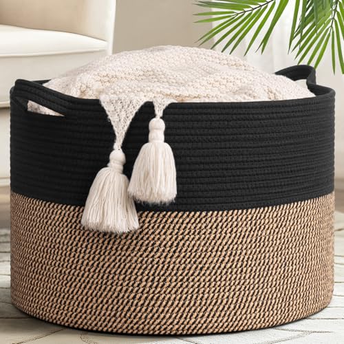 Goodpick 65L Large Storage Basket, Cotton Rope Toy Storage for Kids 65L | 19.7 x 19.7 x 12.6 In Woven Basket for Storage, Kids Toy Storage for Playroom, Laundry Basket for Towels, Black & Mix Jute - color: Black & Mix Jute, size: 19.7x19.7x12.6 Inch (Pack