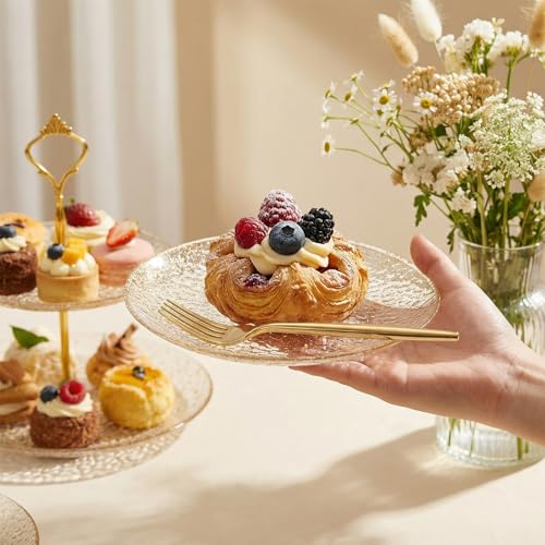 Rubtlamp 200pcs Gold Glitter Plastic Dessert Plates, Hammered 6 Inch Small Plates, Heavy Duty Appetizer Plate with 100 Gold Small Forks, Fancy Cake Snack Plate for Birthday Wedding Teatime - color: Gold glitter