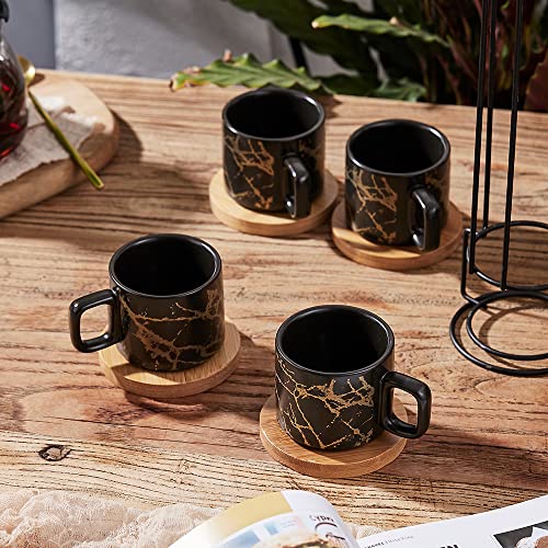 LUKA Porcelain Espresso Cup with Saucer and Metal Stand, 4 Ounce Stackable Ceramic Demitasse Espresso Mugs Cups Set for Latte,Coffee,Cafe Mocha,Tea(Set of 4) - color: Black Marbling