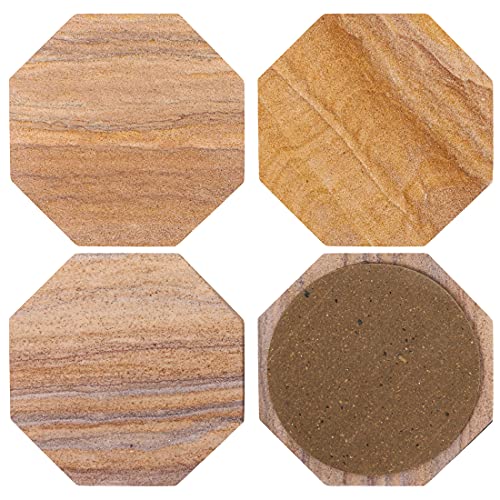 Sandstone Water Absorbent Hand Crafted Octagon Coasters for Drinks- Set of 4-4 inches Wide Thirsty Stone bar/Drink Coasters Made from Real Solid Stone (Without Holder, Set of 4) - style: Design 3