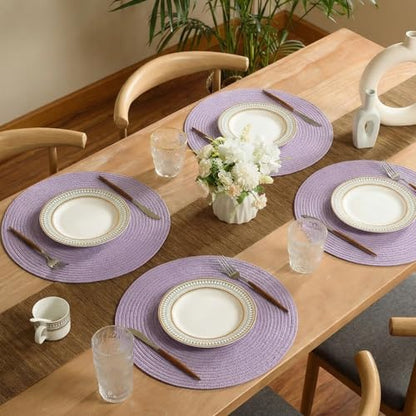 FunWheat Round Braided Placemats Set of 6 Place mats for Dining Tables Woven Heat Resistant Table Mats 15 inch (Light Purple,6pcs) - color: Light Purple, size: 6pcs