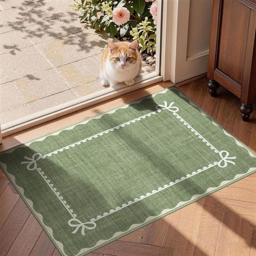 2x3 Small Green Scallope Entryway Rug, Neutral Farmhouse Front Door Mat, Washable Non Slip Thin Low Pile Floor Mat for Indoor Outdoor Kitchen Bathroom Porch - color: Green, size: 2' x 3' (Rectangular)