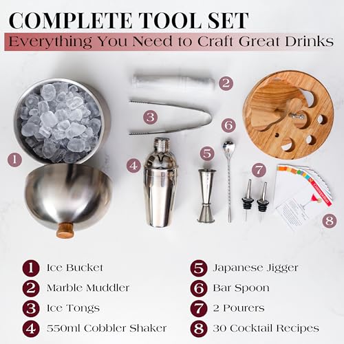 Gusto Nostro Cocktail Set Bartender Kit with Stainless Steel Ice Bucket - Complete Mixology Bar Tool Set with Wooden Organizer, Cocktail Shaker, Jigger, Muddler, Spoon, Tongs, Pourers, Recipe Cards - color: Silver (3.6 qt + Barware)