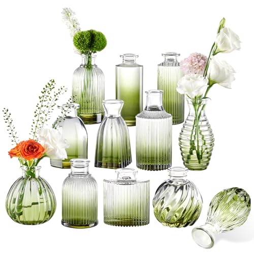 Green Bud Vases Set of 12, Small Green Glass Vase for Table Centerpieces | Ribbed Flower Vase Stripe Bud Vases in Bulk Wedding Birthday Bridal Shower Home Table Decoration - color: Gradient Green, size: 1 Pack