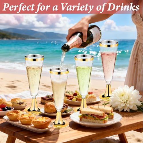GuanQiao 100 Pack Plastic Champagne Flutes with Gold Rim Gold Bottom, 5.5 Oz Clear Disposable Plastic Champagne Glasses, Wine Glasses Cups for Wedding Celebration New Years Eve Party Supplies - color: Gold Bottom Gold Rim, size: 100-Pack