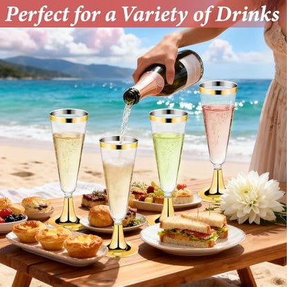 GuanQiao 200 Pack Plastic Champagne Flutes with Gold Rim Gold Bottom, 5.5 Oz Clear Disposable Plastic Champagne Glasses, Wine Glasses Cups for Wedding Celebration New Years Eve Party Supplies - color: Gold Bottom Gold Rim, size: 200-Pack