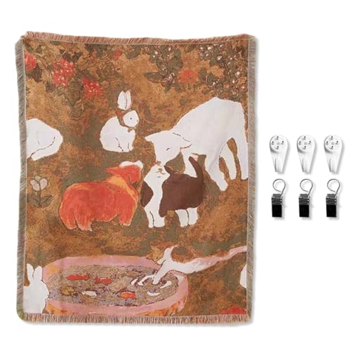 LumiSyne Woven Tapestry Throw Blanket With Hangers And Clips Cute Pet Pattern Cotton Throw With Tassel Decorative Throws For Sofa Bed Armchair Multi-Function Picnic Blanket Tablecloth Carpet 160x130cm - color: The Sheep and Friends