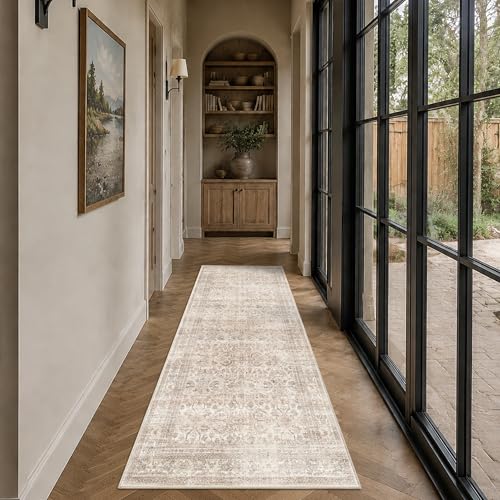 Schweek 3x7 Hallway Runner Rugs Washable Non Slip Kitchen Runners Beige | Vintage Soft Stain Resistant Runner Rugs, Low Pile Floral Runners, Indoor Carpet for Bedroom, Laundry, Bathroom, Living Room - color: Beige, size: 3' x 7' (Runner)