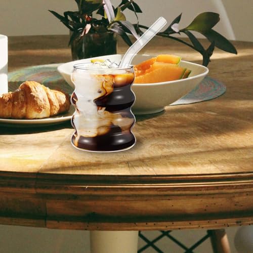 Ribbed Glass Cups and Straws Set 300ml Wavy Drinking Glasses for Adults with Straw Brushes Glassware for Iced Coffee Juice Milk Matcha 9pcs Kitchen Essentials