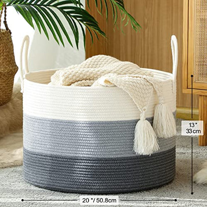 KAKAMAY Large Blanket Basket (20"x13"),Woven Baskets for storage Baby Laundry Hamper,Cotton Rope Blanket Basket for Living Room, Laundry, Nursery, Pillows, Baby Toy chest with Handles (White/Grey) | Extra Large Capacity | Natural Cotton Rope | Blanket Sto