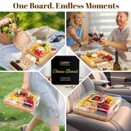Bamboo Charcuterie Board Set with Lid, Drawer and Fruit Tray, Cream | Includes serving utensils for easy entertaining; a thoughtful gift for housewarmings, weddings, birthdays and bridal showers. - color: Cream